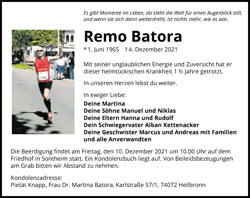  Traueranzeige für Remo Batora vom 08.12.2021 aus GESAMT