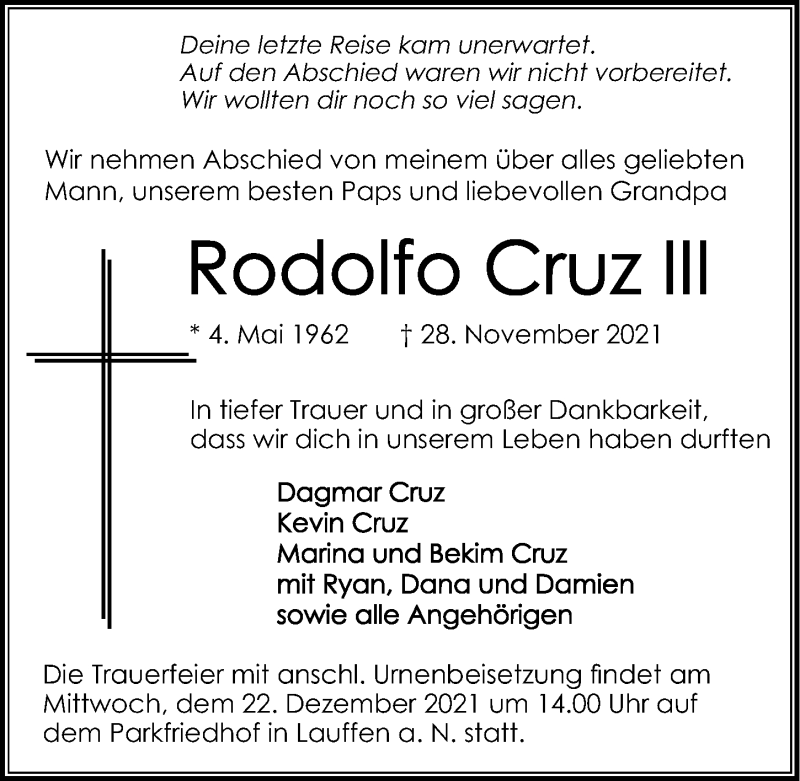  Traueranzeige für Rodolfo Cruz III vom 18.12.2021 aus GESAMT