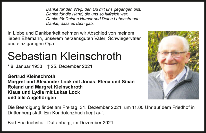  Traueranzeige für Sebastian Kleinschroth vom 29.12.2021 aus GESAMT