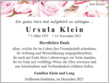 Traueranzeige von Ursula Klein von GESAMT