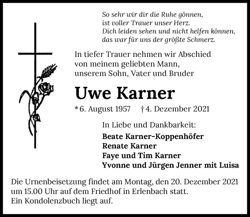  Traueranzeige für Uwe Karner vom 18.12.2021 aus GESAMT