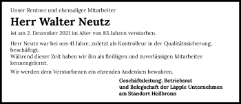 Traueranzeige von Walter Neutz von GESAMT