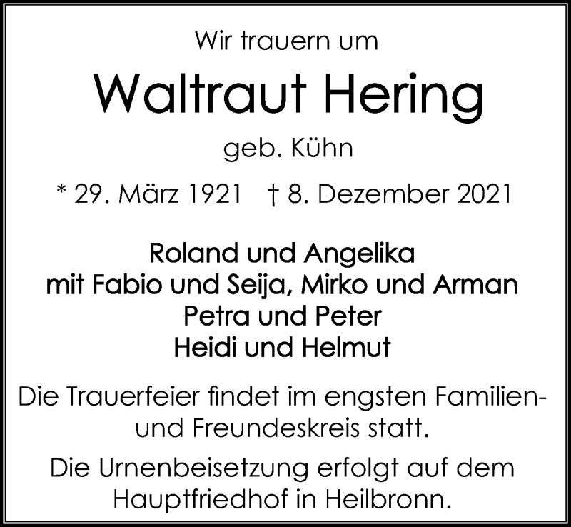  Traueranzeige für Waltraut Hering vom 15.12.2021 aus GESAMT