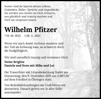 Traueranzeige von Wilhelm Pfitzer von GESAMT