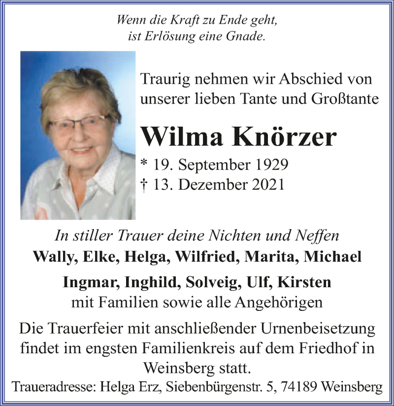  Traueranzeige für Wilma Knörzer vom 24.12.2021 aus GESAMT