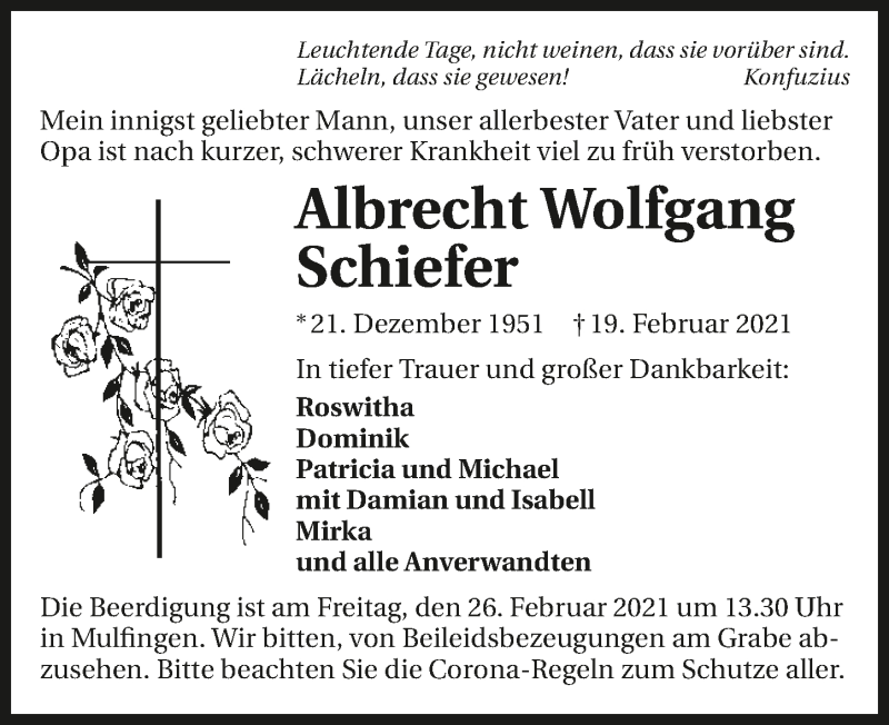  Traueranzeige für Albrecht Wolfgang Schiefer vom 26.02.2021 aus GESAMT