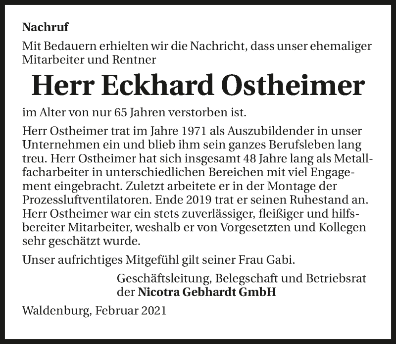 Traueranzeige für Eckhard Ostheimer vom 12.02.2021 aus GESAMT