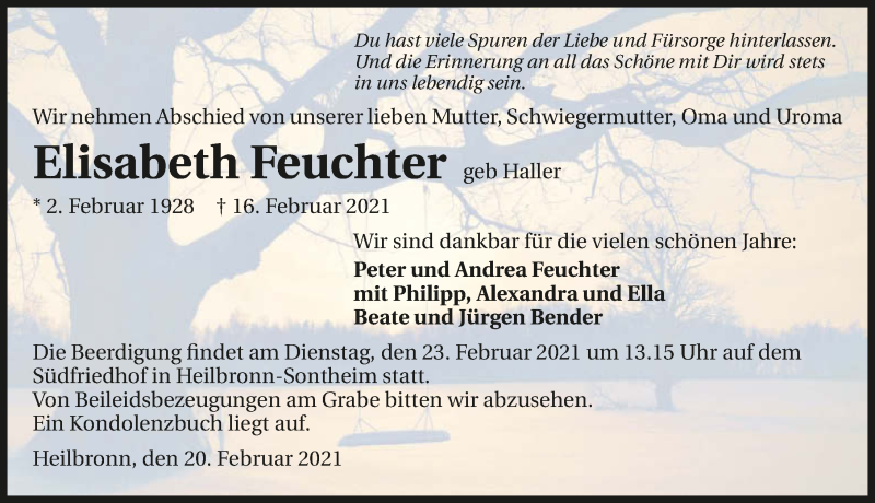  Traueranzeige für Elisabeth Feuchter vom 20.02.2021 aus GESAMT