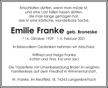 Traueranzeige von Emilie Franke von GESAMT