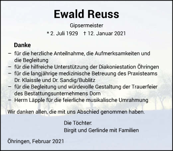 Traueranzeige von Ewald Reuss von GESAMT