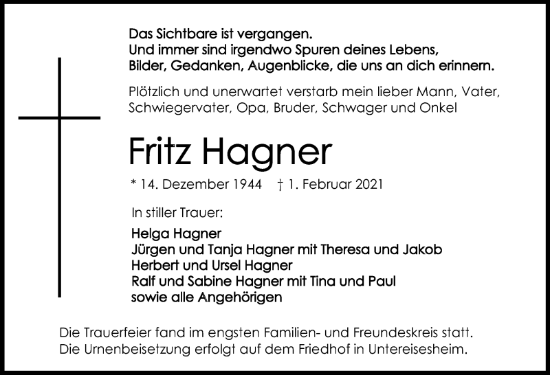  Traueranzeige für Fritz Hagner vom 06.02.2021 aus GESAMT