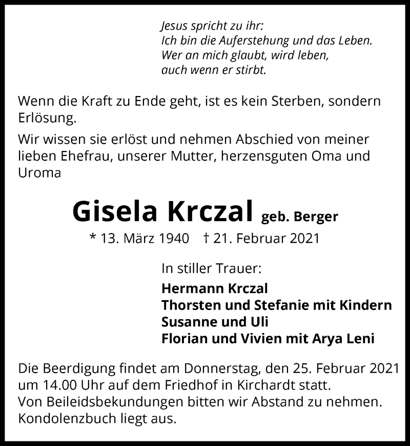  Traueranzeige für Gisela Krczal vom 24.02.2021 aus GESAMT
