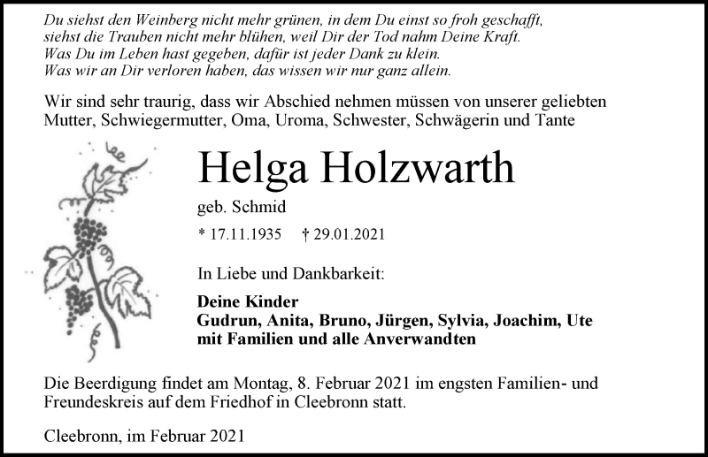 Traueranzeige für Helga Holzwarth vom 06.02.2021 aus GESAMT
