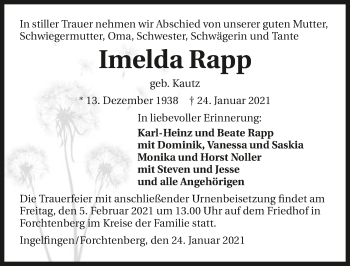 Traueranzeige von Imelda Rapp von GESAMT