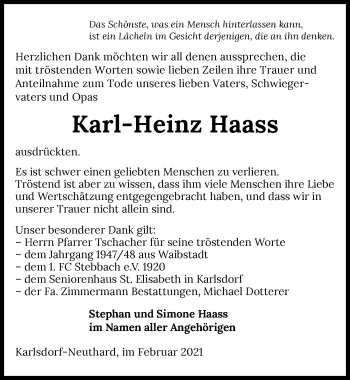 Traueranzeige von Karl-Heinz Haass von GESAMT