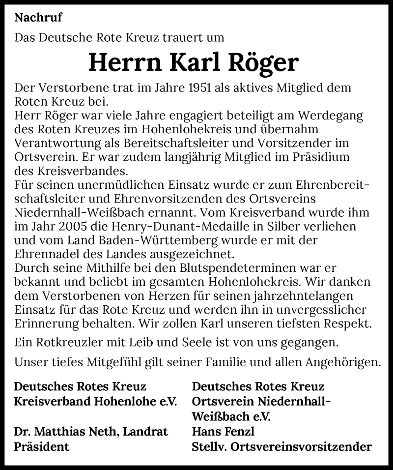  Traueranzeige für Karl Röger vom 20.02.2021 aus GESAMT
