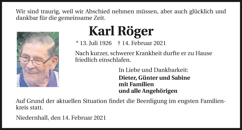  Traueranzeige für Karl Röger vom 17.02.2021 aus GESAMT