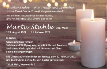 Traueranzeige von Marta Stähle Stähle von GESAMT