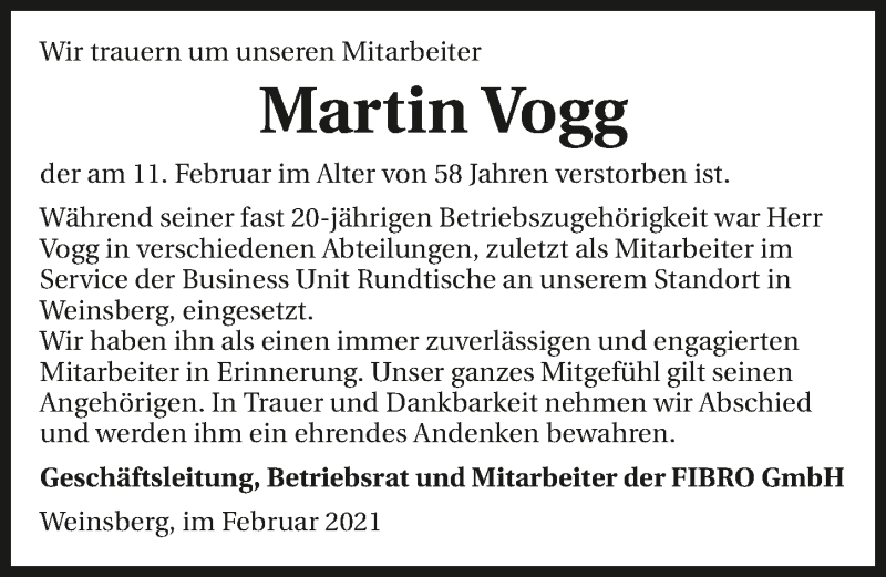  Traueranzeige für Martin Vogg vom 25.02.2021 aus GESAMT