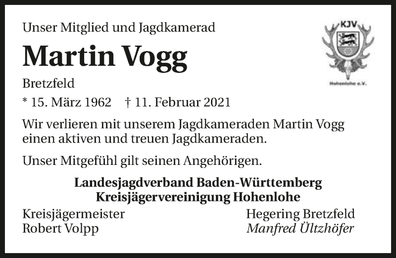  Traueranzeige für Martin Vogg vom 19.02.2021 aus GESAMT