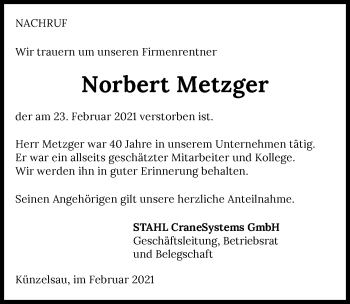 Traueranzeige von Norbert Metzger von GESAMT