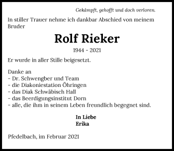 Traueranzeige von Rolf Rieker von GESAMT