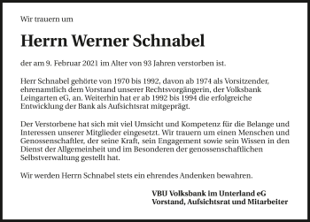 Traueranzeige von Werner Schnabel von GESAMT