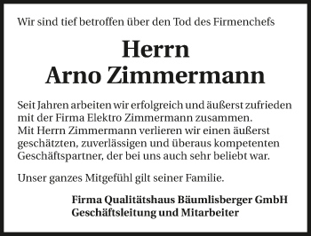 Traueranzeige von Arno Zimmermann von GESAMT