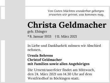 Traueranzeige von Christa Geldmacher von GESAMT