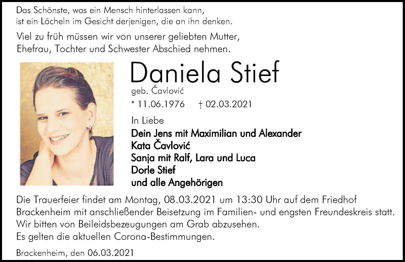  Traueranzeige für Daniela Stief vom 06.03.2021 aus GESAMT