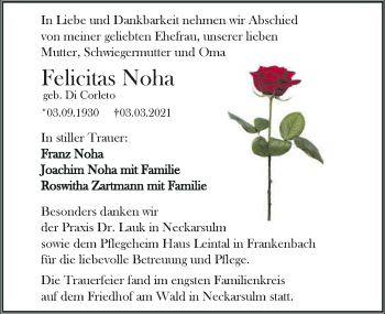 Traueranzeige von Felicitas Noha von GESAMT