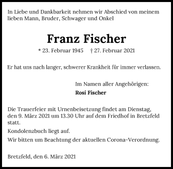 Traueranzeige von Franz Fischer von GESAMT