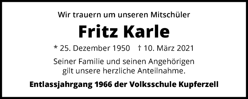  Traueranzeige für Fritz Karle vom 17.03.2021 aus GESAMT