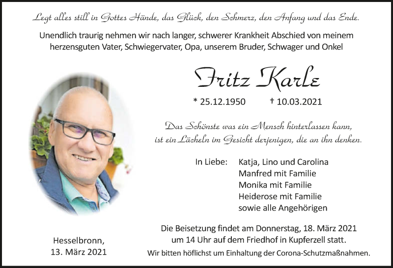  Traueranzeige für Fritz Karle vom 13.03.2021 aus GESAMT