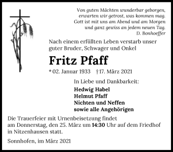 Traueranzeige von Fritz Pfaff von GESAMT