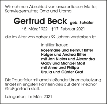Traueranzeige von Gertrud Beck von GESAMT