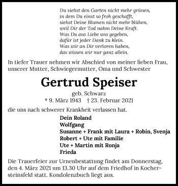 Traueranzeige von Gertrud Speiser von GESAMT