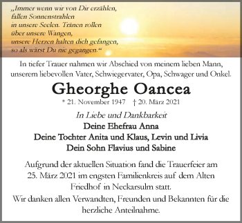 Traueranzeige von Gheorghe Oancea von GESAMT