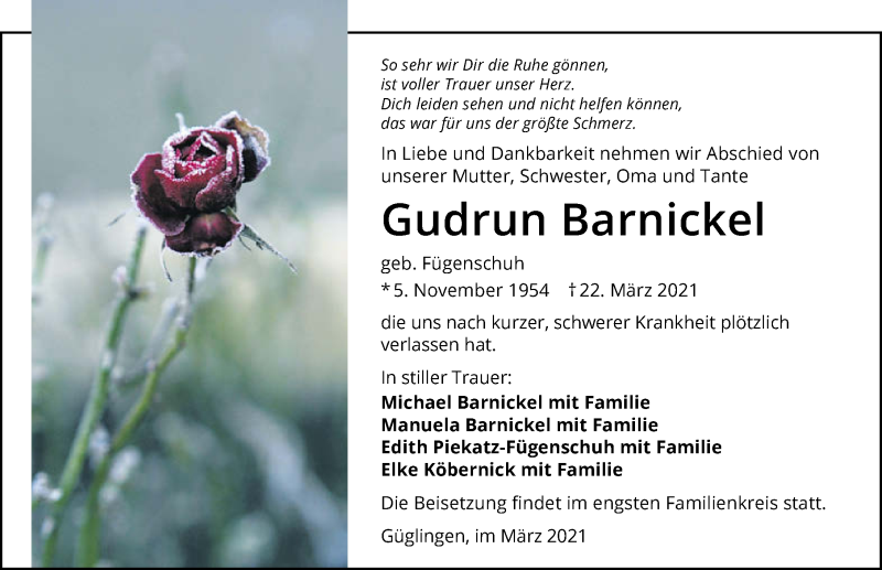  Traueranzeige für Gudrun Barnickel vom 27.03.2021 aus GESAMT