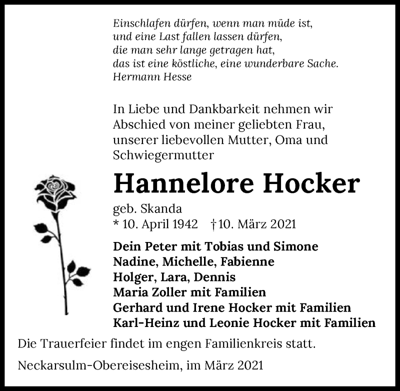  Traueranzeige für Hannelore Hocker vom 13.03.2021 aus GESAMT