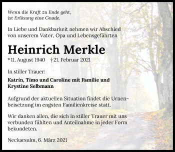 Traueranzeige von Heinrich Merkle von GESAMT