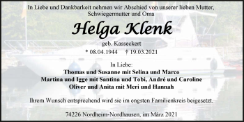 Traueranzeige von Helga Klenk von GESAMT