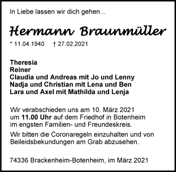 Traueranzeige von Hermann Braunmüller von GESAMT