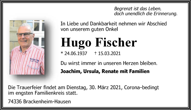  Traueranzeige für Hugo Fischer vom 27.03.2021 aus GESAMT