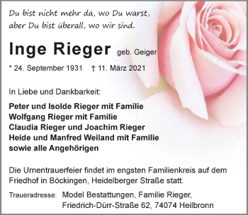 Traueranzeige von Inge Rieger von GESAMT