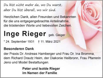 Traueranzeige von Inge Rieger von GESAMT