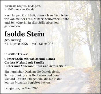 Traueranzeige von Isolde Stein von GESAMT