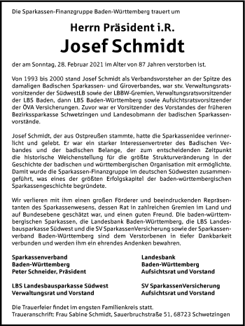 Traueranzeige von Josef Schmidt von GESAMT