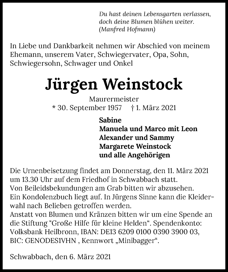  Traueranzeige für Jürgen Weinstock vom 06.03.2021 aus GESAMT