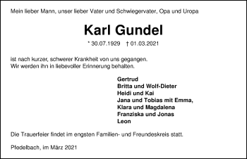 Traueranzeige von Karl Gundel von GESAMT